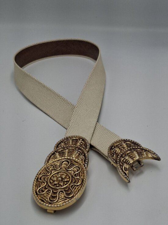 VTG 70s 80s Ornate  Gold-Tone Buckle Embossed Beige/Brown  Textured  Belt main image 9